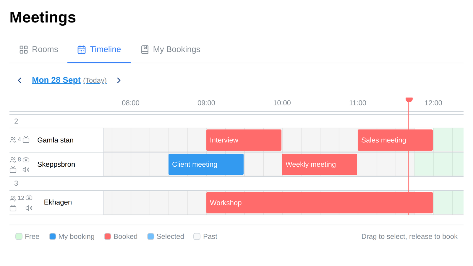 Today's schedule for every meeting room – select a free slot to book it.