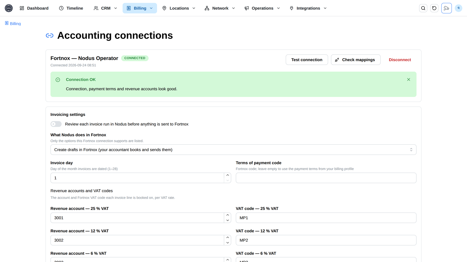 Connect Fortnox under Billing → Connections and check the connection.