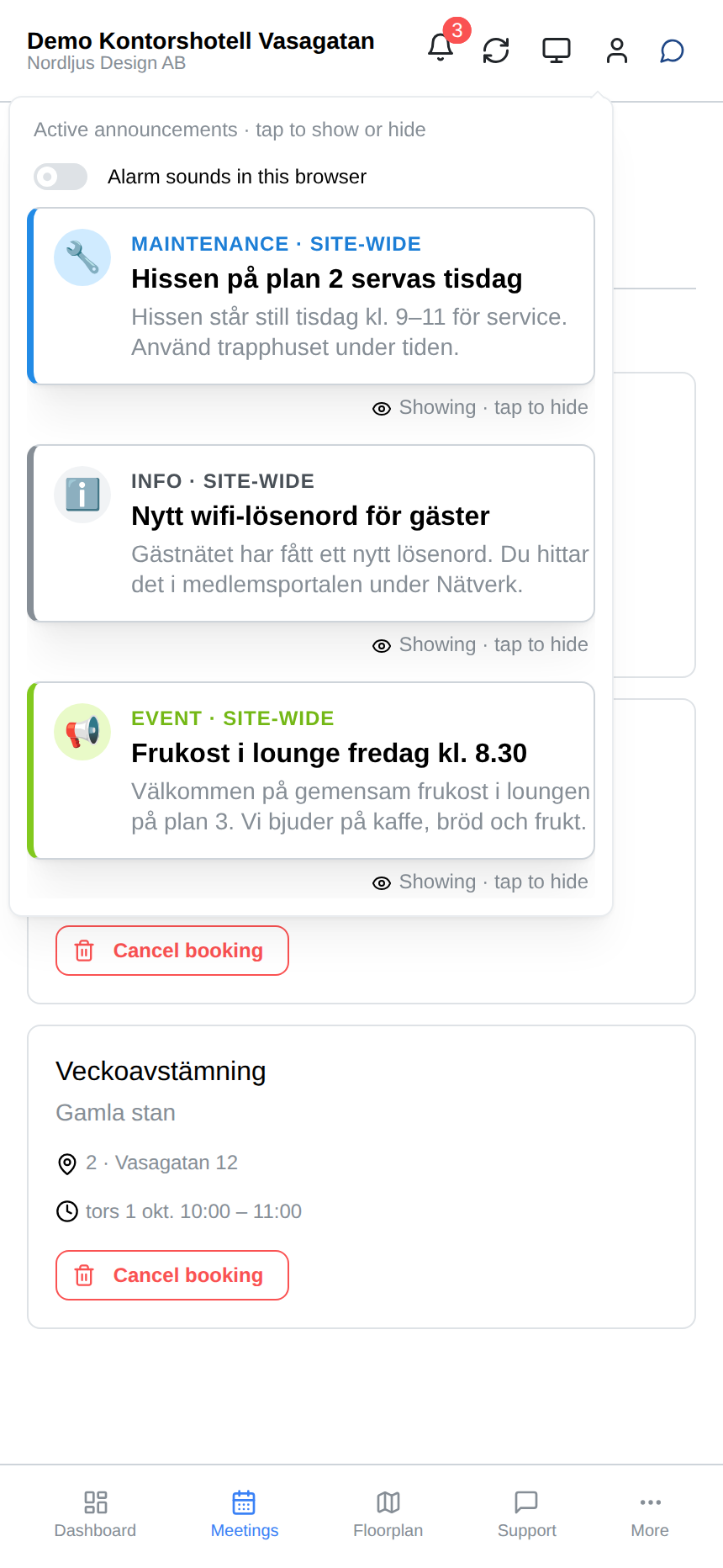 Meddelanden från huset, som service och gemensamma aktiviteter.