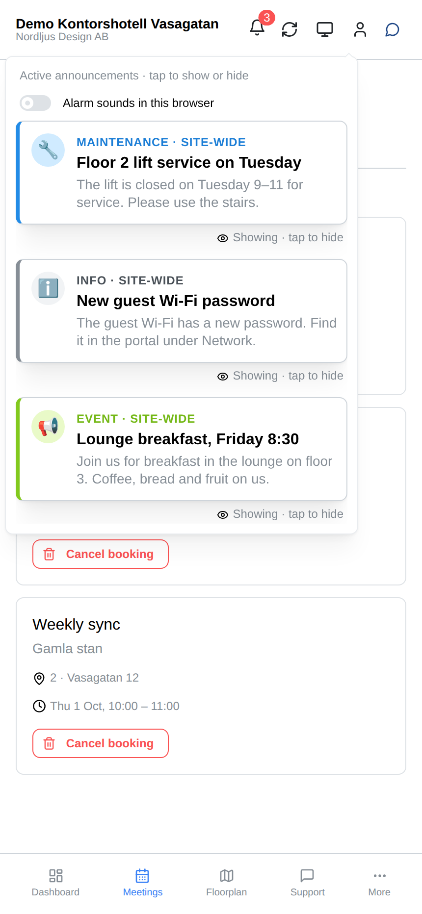 Announcements from the building, such as maintenance and shared events.