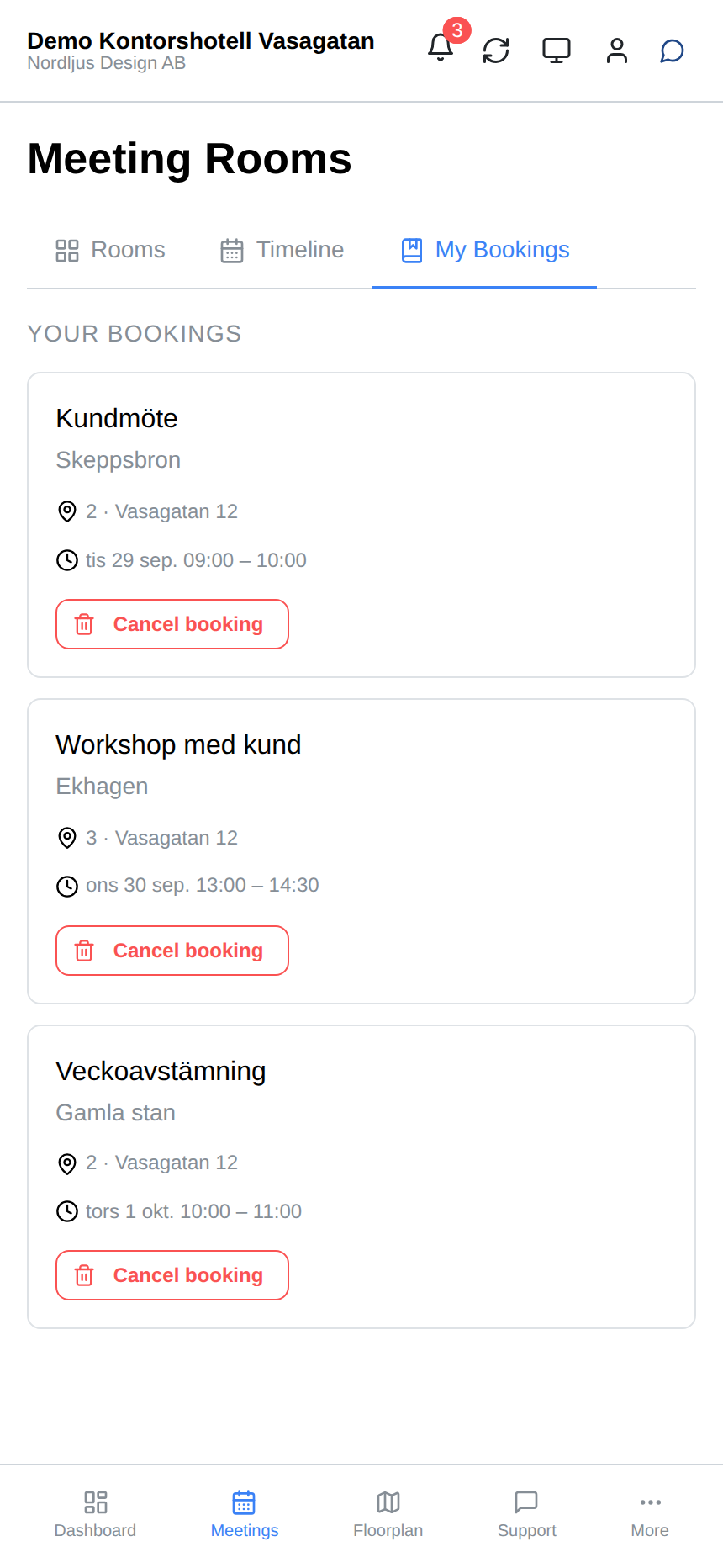Alla kommande bokningar för företaget på ett ställe.