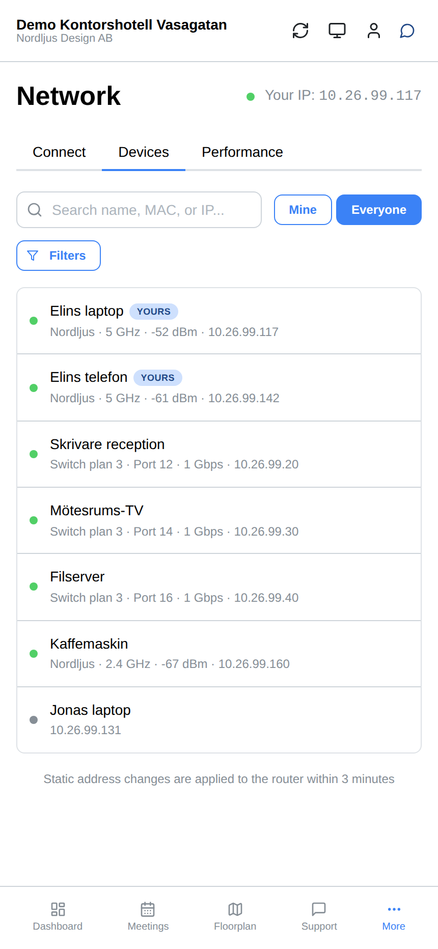 Alla enheter på nätverket, med uppkoppling och IP-adress.