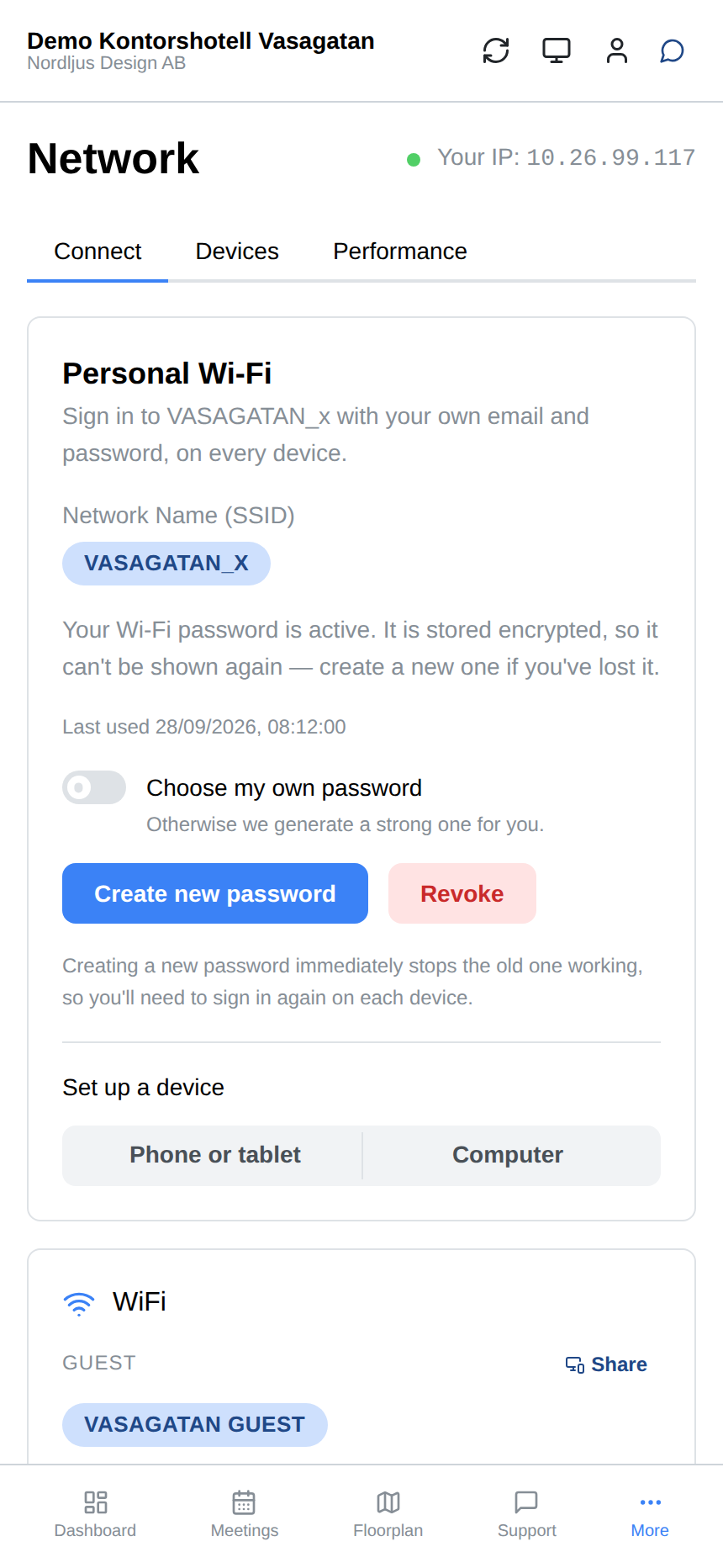 A personal Wi-Fi login for every member, with the building's guest network and the company's own below it.