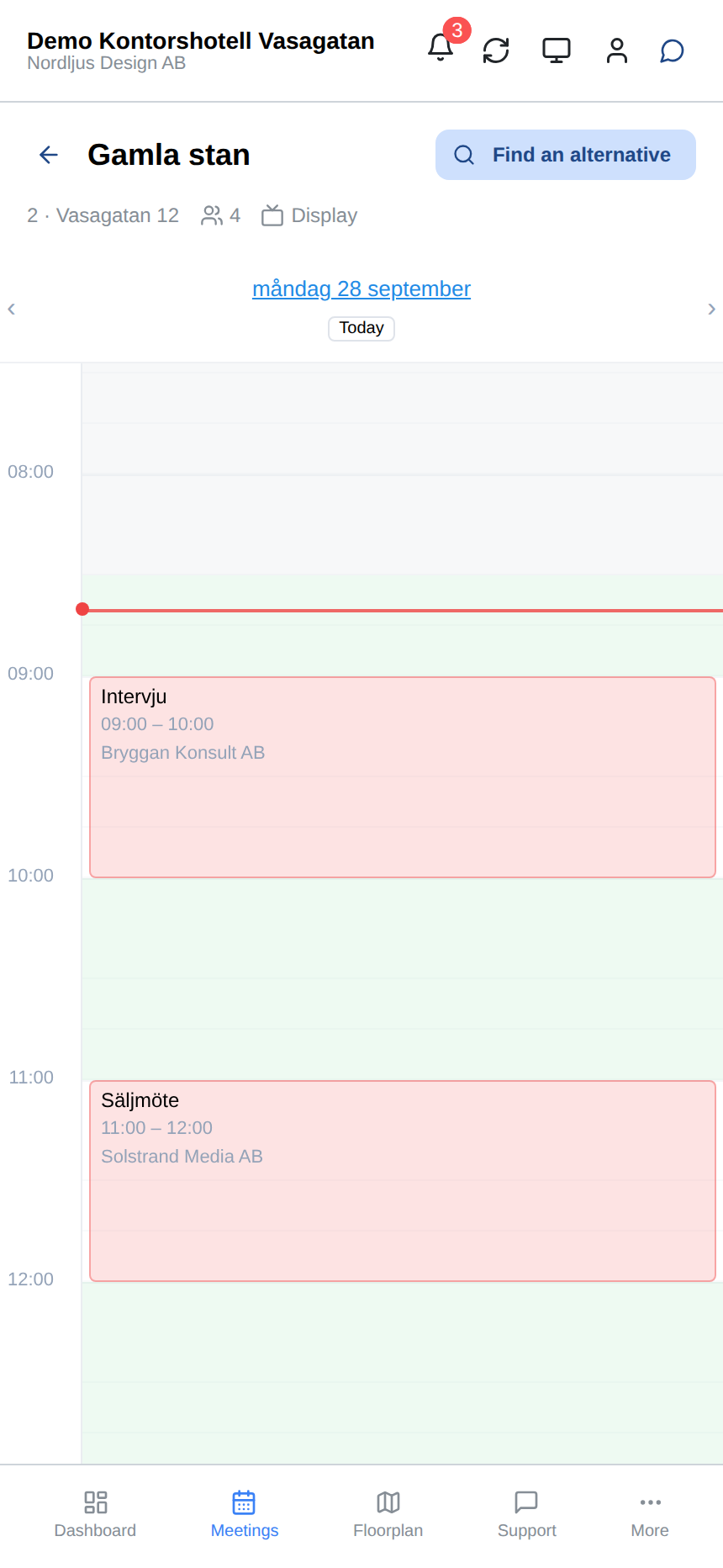 Dagens schema för ett rum, med lediga tider att boka.