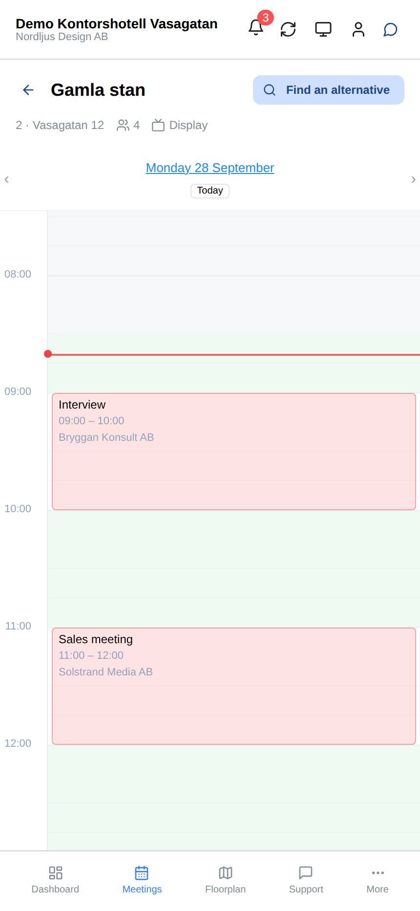 A room's schedule for the day, with free slots to book.