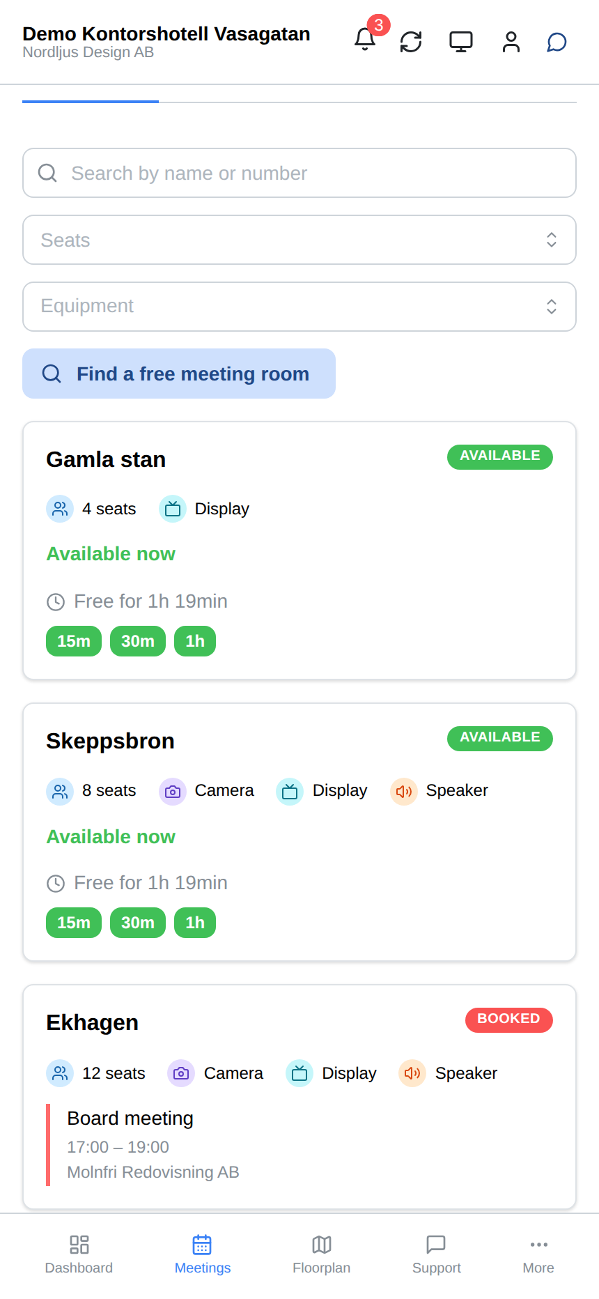 See which meeting rooms are free right now and book straight away.