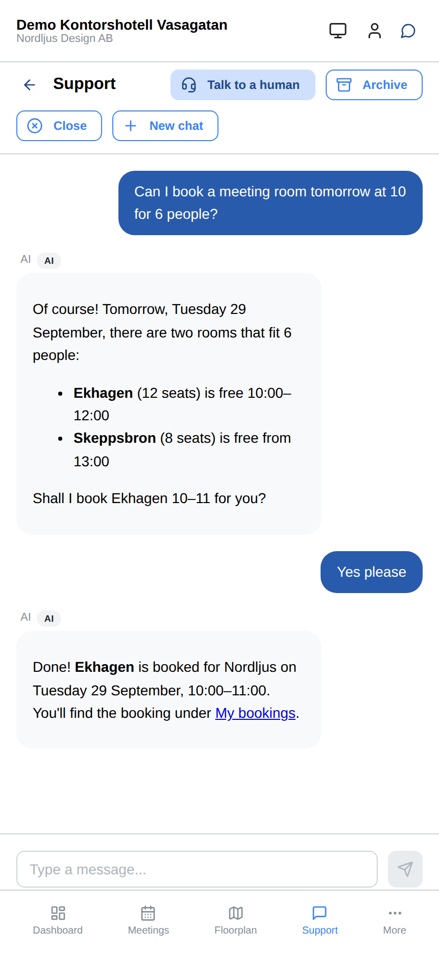 Ask the AI assistant for a free meeting room and it books it for you, right in the chat.