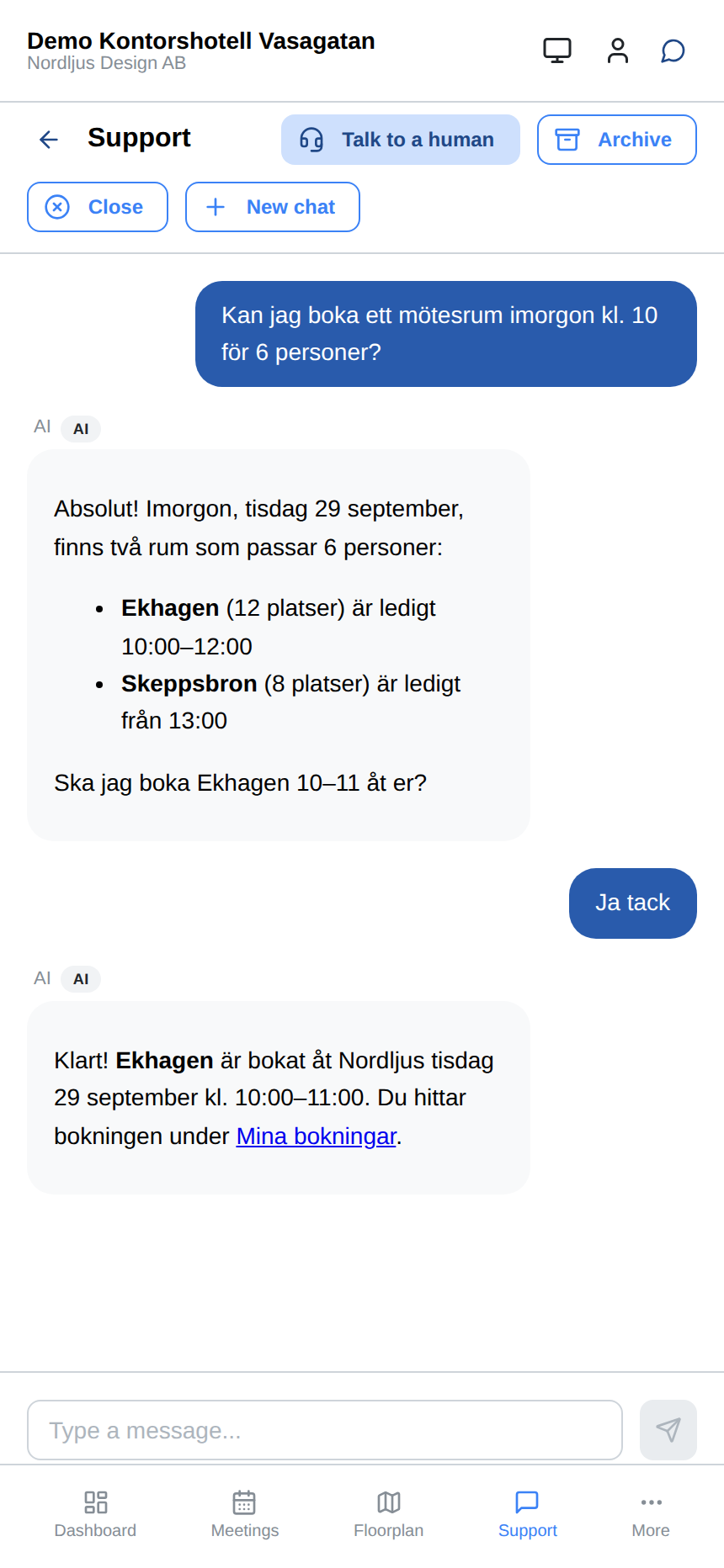 Fråga AI-assistenten efter ett ledigt mötesrum, så bokar den det direkt i chatten.