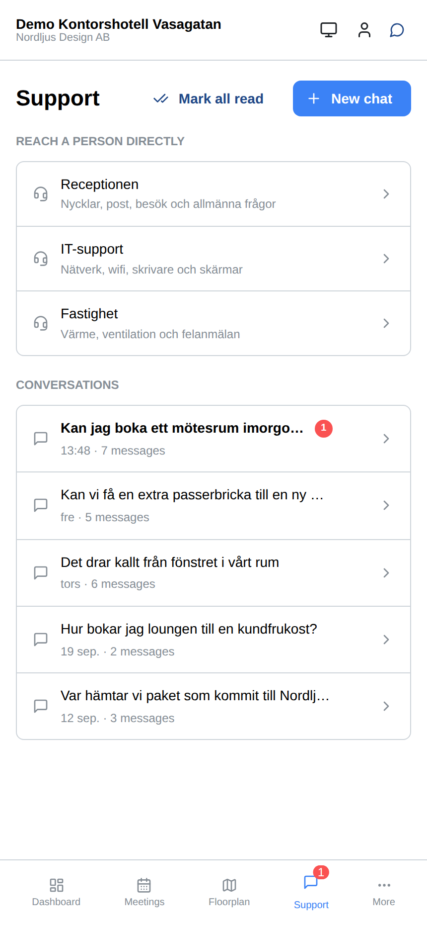 Alla ärenden samlade, med olästa svar markerade och direktvägar till receptionen, IT och fastighet.