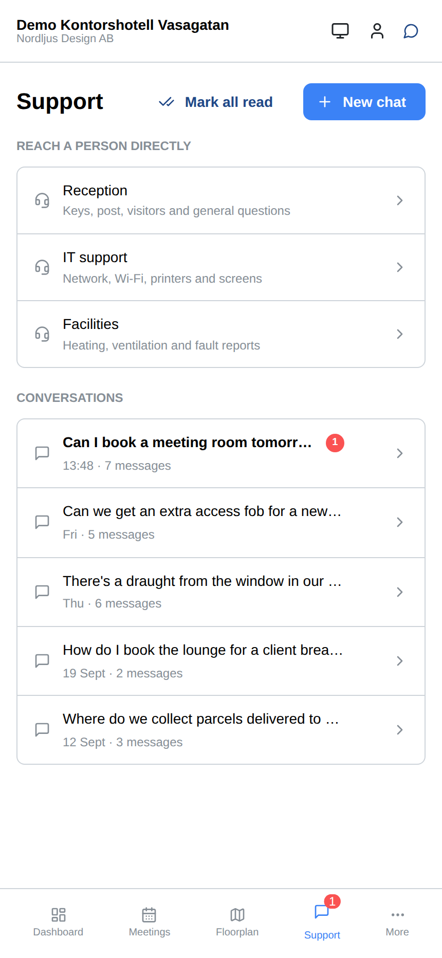 Every request in one place, with unread replies marked and direct lines to reception, IT and facilities.