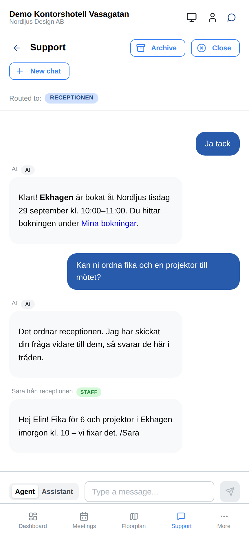 Fika och projektor till mötet? AI:n lämnar över till receptionen, som svarar i samma tråd.