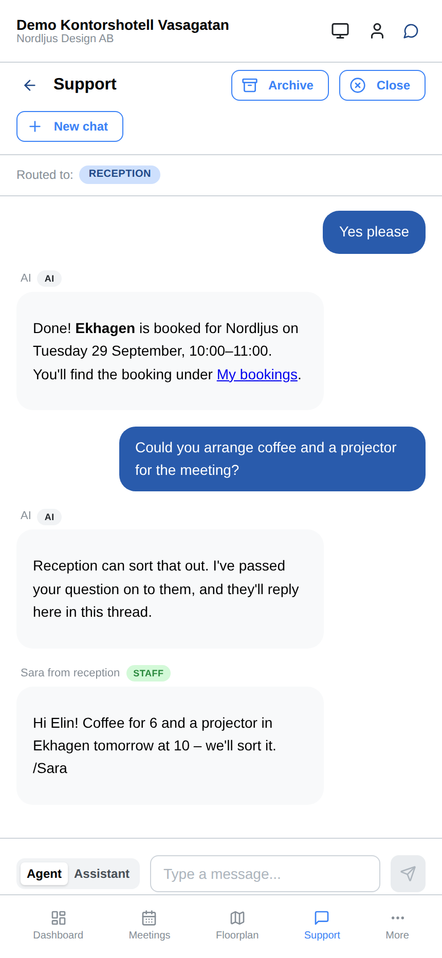 Coffee and a projector for the meeting? The AI hands over to reception, who reply in the same thread.